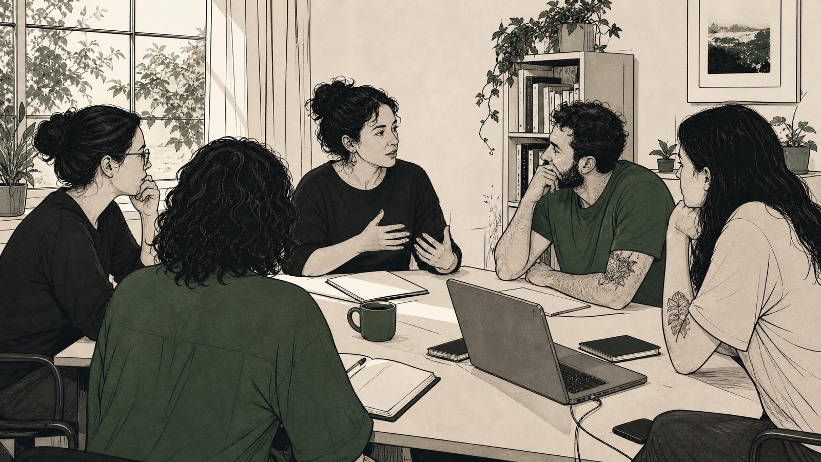 ilustração de um encontro entre profissionais da rede socialma, discutindo em grupo ao redor de uma mesa